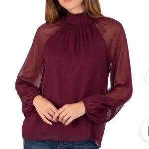 Joie Sheer Burgundy High Collar Sheer Sleeves Sz L Women